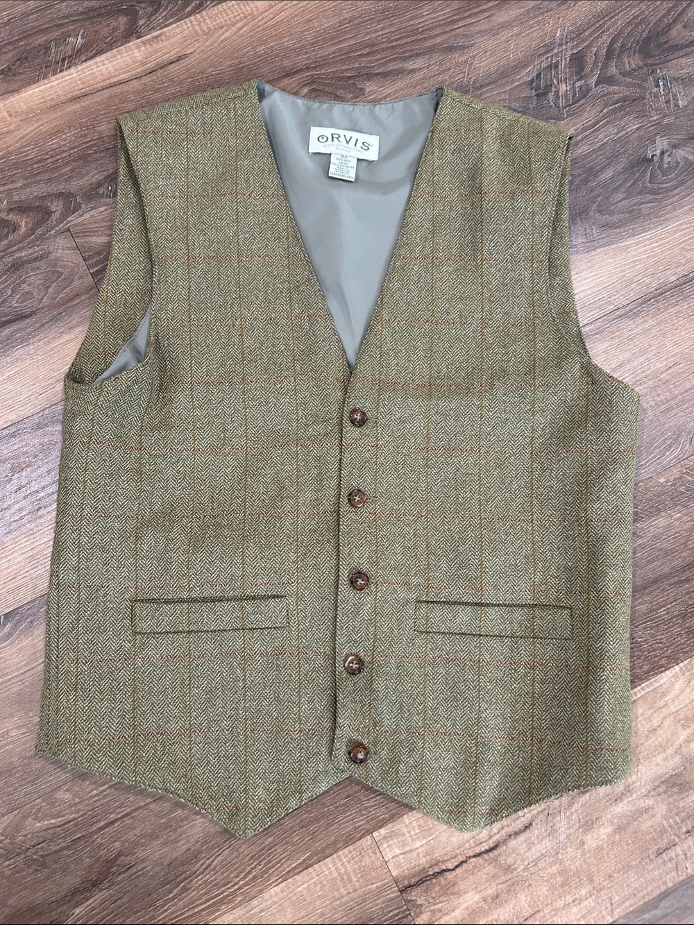 ORVIS Mens Suit Vest Herringbone Tweed 100% Wool Waistcoat Size 42 5 Button